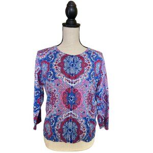 Talbots Women Cardigan Sweater L Paisley Blue Multicolor Long Sleeve Cottagecore